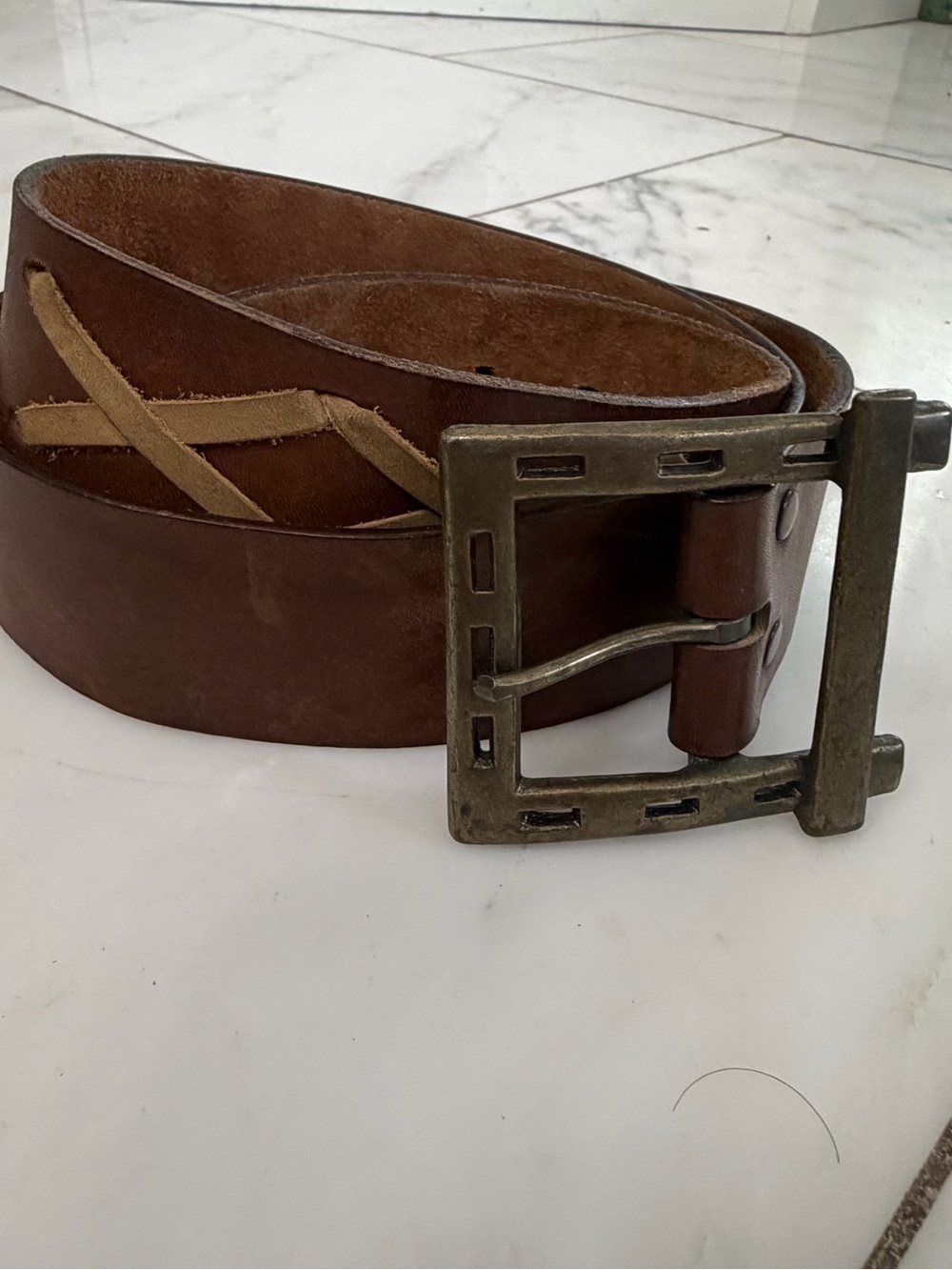 Harness cowhide brown leather belt with metal buckle size 42 ( actual length 46)